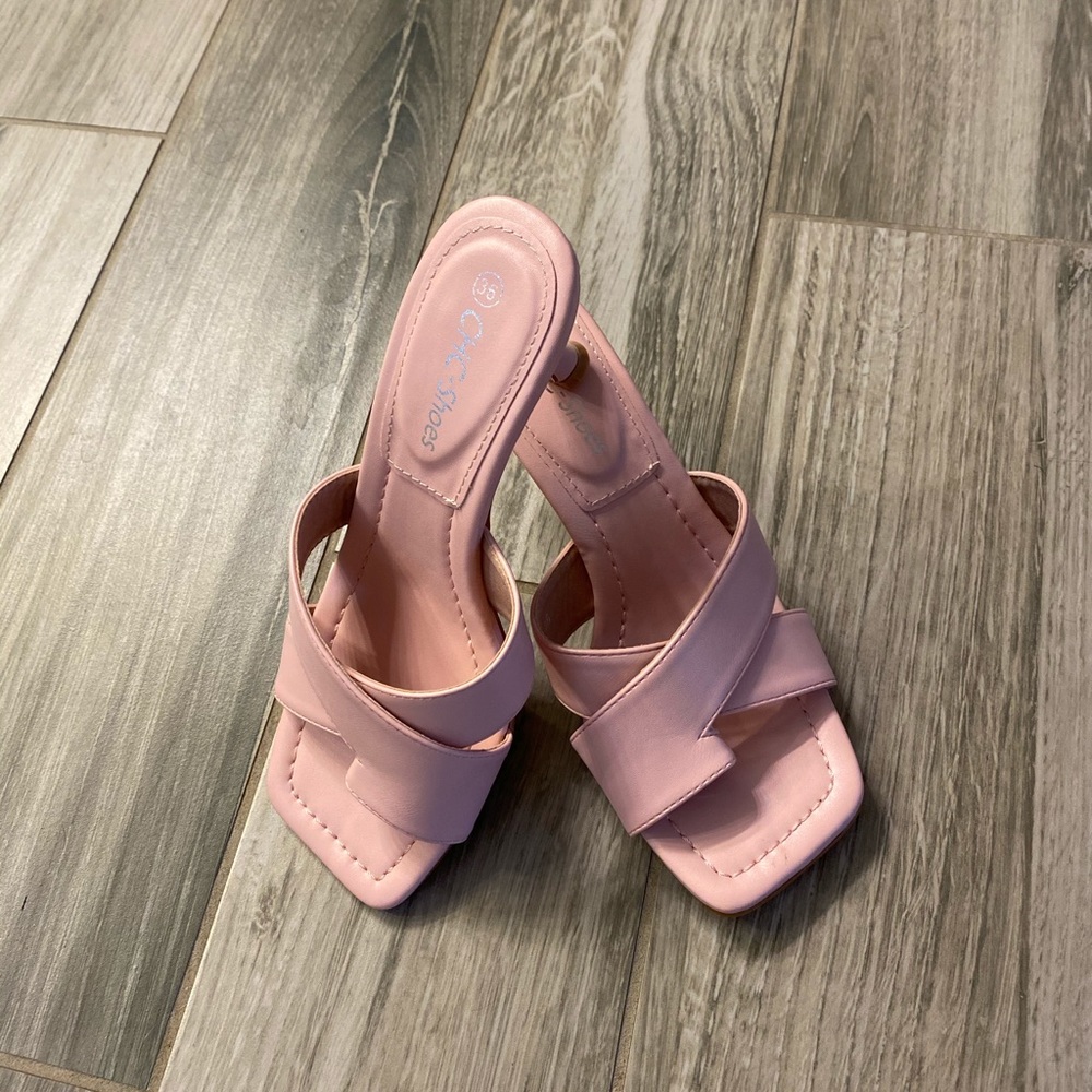 Pink Cross Over Toe Post Heeled Mules